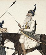 Detail of possibly Jathedar Prahlad Singh from a painting depicting a band (jatha) of Akali-Nihang warriors on the march, Company School, ca.1860.jpg