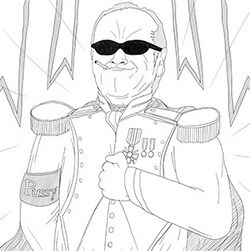 A line art-style illustration of a smug-looking man with sunglasses and a cigarette in the corner of his mouth. He wears a military uniform, including a cape, medals, epaulettes, and an armband that displays the word "Pussy".