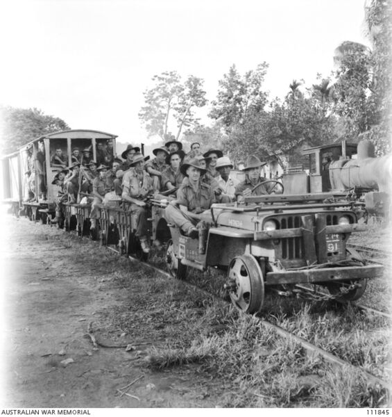 File:Jeep train, known as the Membukut Special in Beaufort, Borneo, 1945.jpg