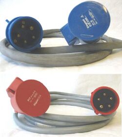 Two power cables, each with a 3P+N+E plug at one end, and a matching socket at the other end. The upper cable has blue connectors; the lower cable has red connectors.