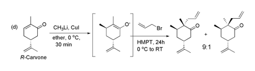 Methylation of carvone by Me2CuLi, followed by allylation by allyl bromide