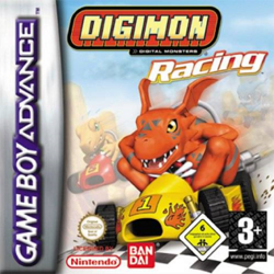 Three stylized creatures race in comically small go-karts on a sandy, foggy race track. A dark orange digimon whose ears resemble a bat's wings crosses the finish line in a yellow kart. His two opponents are a lighter orange, more generic-looking dinosaur and a blue lizard. They occupy second and third place respectively, but appear intent on winning. Above the scene is the science fiction-inspired text "Digimon Racing".