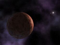 Sedna is a spherical shape at lower left with a crescent glow from the distant Sun at upper right