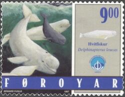 Photo of stamp showing two adults and one juvenile, swimming