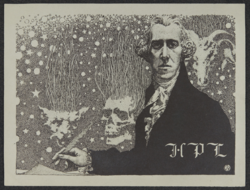 An illustration by Virgil Finlay of Lovecraft as an eighteenth-century gentleman