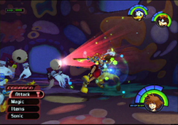 alt=A horizontal rectangular video game screenshot that is a digital representation of the interior of a whale. A boy in red and white clothing swings a weapon at ghosts surrounding him.