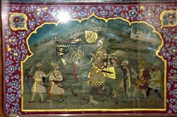 Mural depicting Guru Gobind Singh on horseback with his retinue from within the Golden Temple shrine.jpg