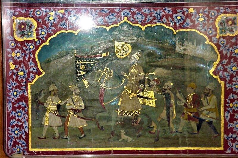 File:Mural depicting Guru Gobind Singh on horseback with his retinue from within the Golden Temple shrine.jpg