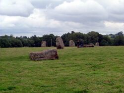 Large stones, some lying and some standing on end in grassy area.