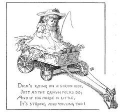 Cartoon of a child sitting in a cart hitched to a much smaller toy horse, as if expecting the horse to pull him along