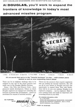 "It's no secret we're in the 'missile business' to stay..." 1958 Douglas Aircraft Company ad detail, from- The Big T 1958 (page 184 crop).jpg