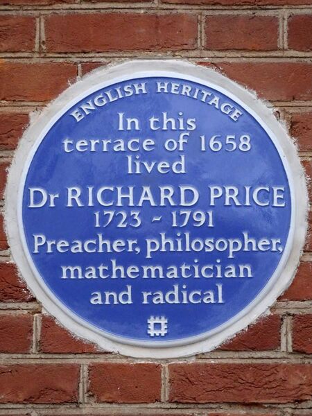 File:In this terrace of 1658 lived Dr RICHARD PRICE 1723–1791 Preacher, philosopher, statistician and radical.jpg