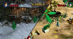 The screen is split diagonally in half between a mountain and a desert environment, with a player in each.