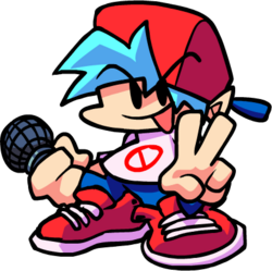 An illustration of a small-looking man with spiky cyan hair, a backward red cap, a white T-shirt with a red prohibition sign, baggy blue pants, and red and white sneakers. He wears a confident-looking expression with a smile and is giving the V-sign with his left hand while holding a microphone in his right hand.