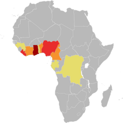 A map of Africa, with shading predominantly in southern West Africa.