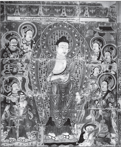 A Buddha, surrounded by several figures, including one (Sumedha) prostrating in front of the Buddha's feet