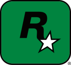 A capital "R" in black has a five-pointed, white star with a black outline appended to its lower-right end. They lay on a dark-green square with a black outline and rounded corners.