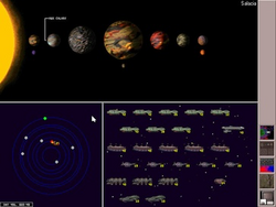 A view of the planetary management screen, with three frames. The top frame shows the star and its planets, where the bottom left-frame shows those planets in orbit from a top-down perspective. The bottom-right frame shows the ships that have been constructed by the planetary colonies.