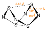 Stereo, skeletal formula of tetrasulfur tetranitride with some measurements