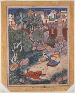 "'Umar Walks around Fulad Castle, Meets a Foot Soldier and Kicks Him to the Ground", Folio from a Hamzanama (The Adventures of Hamza) MET DP235937.jpg