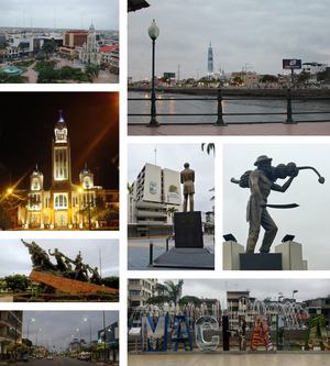 From top, left to right: Juan Montalvo Central Park, Bolivar Port, Our Lady of Mercy Cathedral, monument to Juan Montalvo in front of the City hall of Machala, monument to the Bananero, monument to the founding of UTMACH, Columbus Square and Municipalidad street.