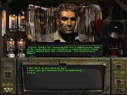 There are three boxes in the middle part of the screenshot. The top box contains Killian Darkwater's head and shoulders. The middle box contains dialogue from Killian, who is thanking the player for saving him from his assassination and asking them to find evidence implicating Gizmo in requesting the assassination. The bottom box contains possible dialogue choices for the player.