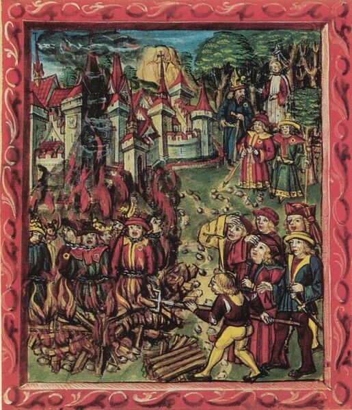 File:Medieval manuscript-Jews identified by rouelle are being burned at stake.jpg