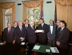 Warren Commission presenting report on assassination of John F. Kennedy to Lyndon Johnson.jpg
