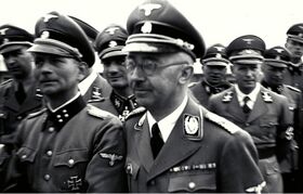 Photo of the 1941 SS tour of the Mauthausen concentration camp led by Heinrich Himmler; Otto Kumm (shown in front row, left), Wilhelm Bittrich and Paul Hausser took part in the tour