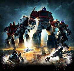 Poster showing Generation 1 (G1) Optimus Prime, G1 Megatron, G1 Starscream, and movie versions of Sideswipe, Jetfire and Soundwave. Four robots are oversized for the poster, and are shown over an Egyptian city. Below Soundwave is shown in both robot and vehicle modes on the left, while Jazz and Jetfire are shown in robot mode on the right.