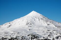 Middle Sister, covered in snow and ice, rises above a sparsely forested area.