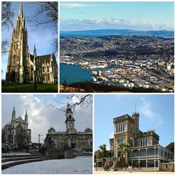 Clockwise from top: First Church of Otago; cityscape seen from Signal Hill lookout; Larnach Castle; Anglican Cathedral and Town Hall on The Octagon