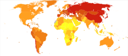 Stomach cancer world map-Deaths per million persons-WHO2012.svg