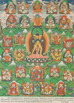 The 25 Kalki, who are Kings of Shambala, are surrounding a Yidam (meditation deity), located in the middle. The first top two middle rows has seated representations of Tsongkhapa, dressed in orange/yellow. This originates from the scriptures that are part of the Indo-Tibetan Vajrayana Buddhist tradition.