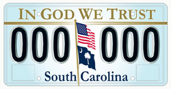 "In God We Trust" on the top of the optional license plate of South Carolina, designed in 2002. U.S. and South Carolina's flag appear weaving off a pole in the middle, separating two series of three characters each.