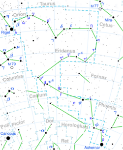 Diagram showing star positions and boundaries of the constellation of Eridanus and its surroundings