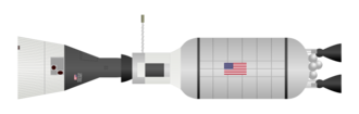 Drawing of a spacecraft and a rocket stage docked together