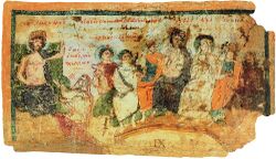 Ancient painted manuscript showing Zeus, crowned at the left, and the other gods seated on thrones.