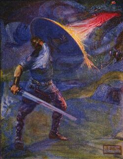 Beowulf, holding a sword, blocks a dragon's fire with his shield.