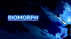 The word Biomorph is above an underline and in all capital letters, which are glitching. To the right of the word is a blue character made of fire and lightning bolts.