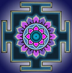 A geometrical diagram with blue circle in the centre, surrounded by 8 pink petals in a concentric circle, which in turn is surrounded by 16 alternate violet and purple petals. This arrangement is in a black square which has T shaped outward extension in the centre on each side. The black figure is bordered by a lighter bluish background.