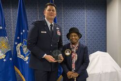 Air Force Space Commander presents Gladys West with an award as she is inducted into the Air Force Space and Missile Pioneers Hall of Fame for her GPS work on December 6, 2018.