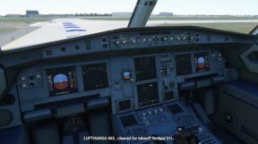 Screenshot of the game from inside the cockpit, featuring a plane taxiing.