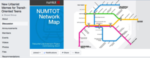 A partial screenshot of the group's discussion page, featuring a satirical transit map