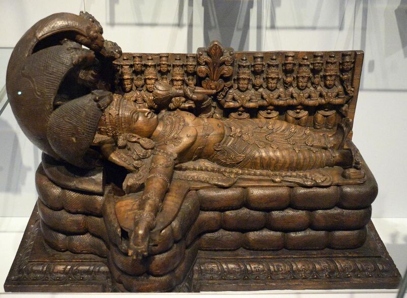 File:Vishnu sleeps on the coils of Ananta (the World Snake). He will awake for the next cycle of creation which heralds the destruction of all things. Sculpture. From India, c. 14th century CE. National Museum of Scotland.jpg