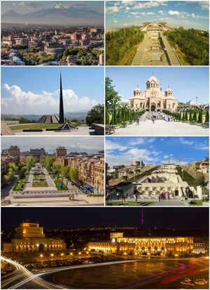 From top left: Yerevan skyline with Mount Ararat • Karen Demirchyan Complex • Tsitsernakaberd Genocide Memorial • Saint Gregory Cathedral • Tamanyan Street and the Yerevan Opera • Cafesjian Museum at the Cascade • Republic Square at night