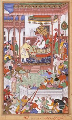 Young Abdul Rahim Khan-I-Khana being received by Akbar, Akbarnama.jpg
