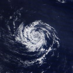 Satellite image of a small swirl of clouds over an ocean