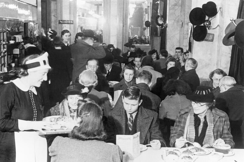 File:Customers enjoying afternoon tea at Lyon's Corner House on Coventry Street, London, 1942. D6573.jpg