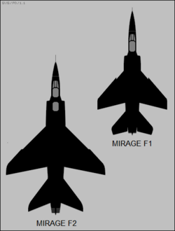 Dassault Mirage F2 and Mirage F1 top-view silhouettes.png